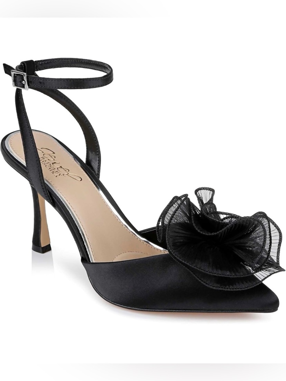 Jewel Badgley Mischka Black Satin Ankle-Strap Heels with Floral Applique - Picture 2 of 5
